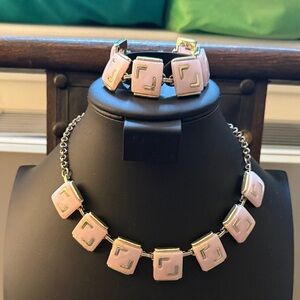 Vintage Jewelry Set Gold Tone Necklace & Bracelet with Pink Thermoset Panels.